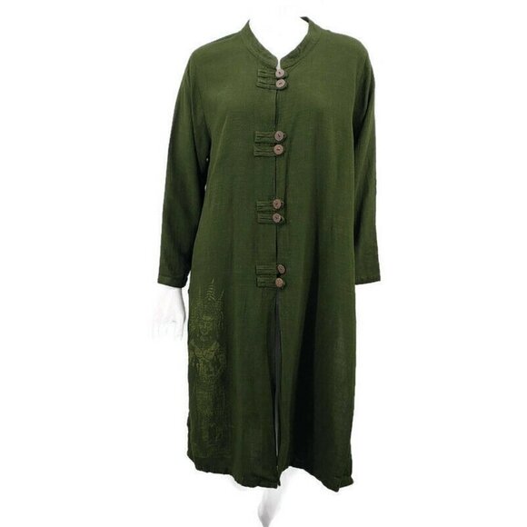 Endless Knot Art Jacket Womens Small Tibetan Goddess Print Tunic Green Linen - Picture 1 of 7